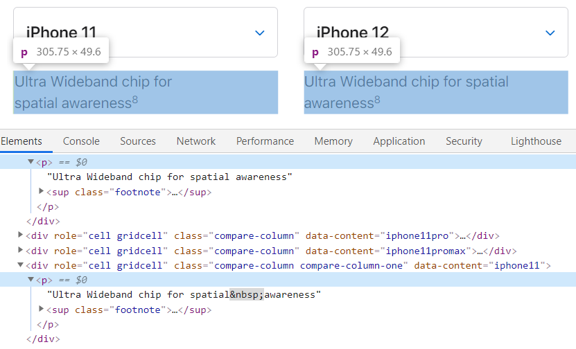 iPhone 11 and 12 Compare Page in apples.com